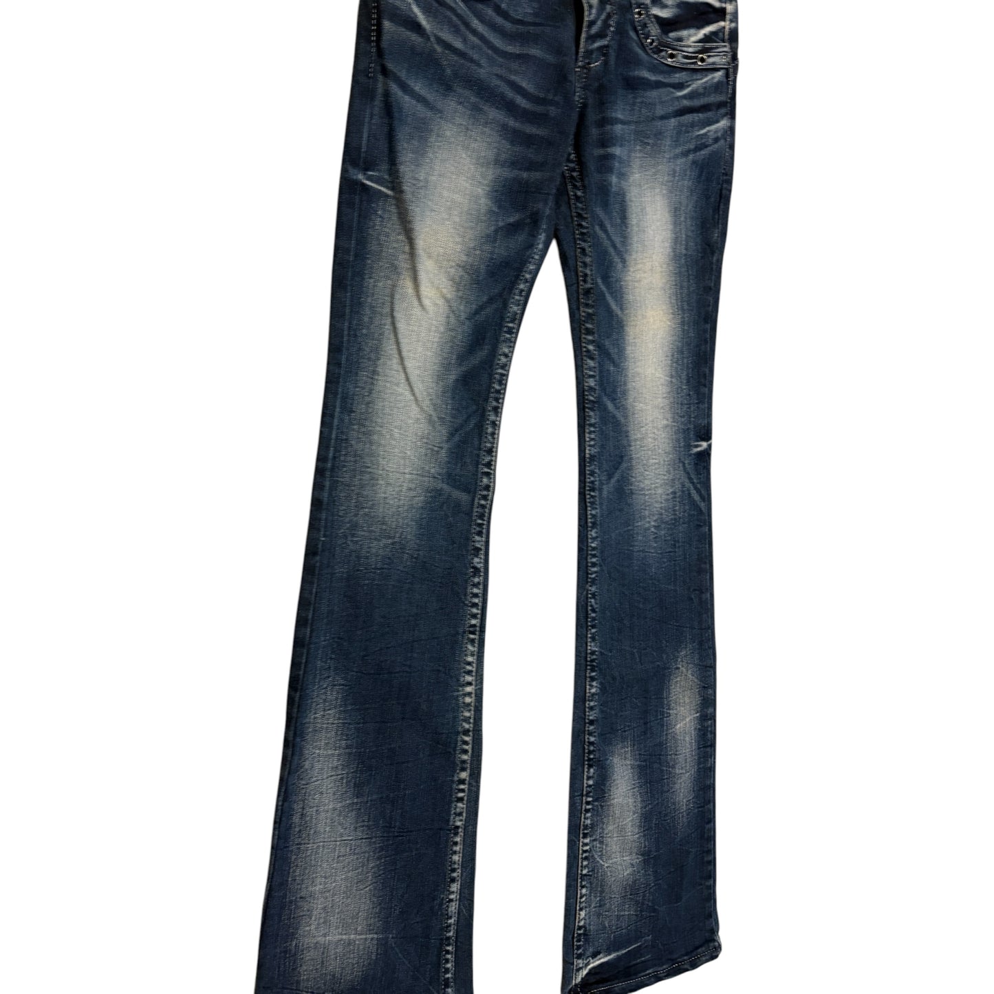 Japanese brand blue fade wash bootcut denim jeans