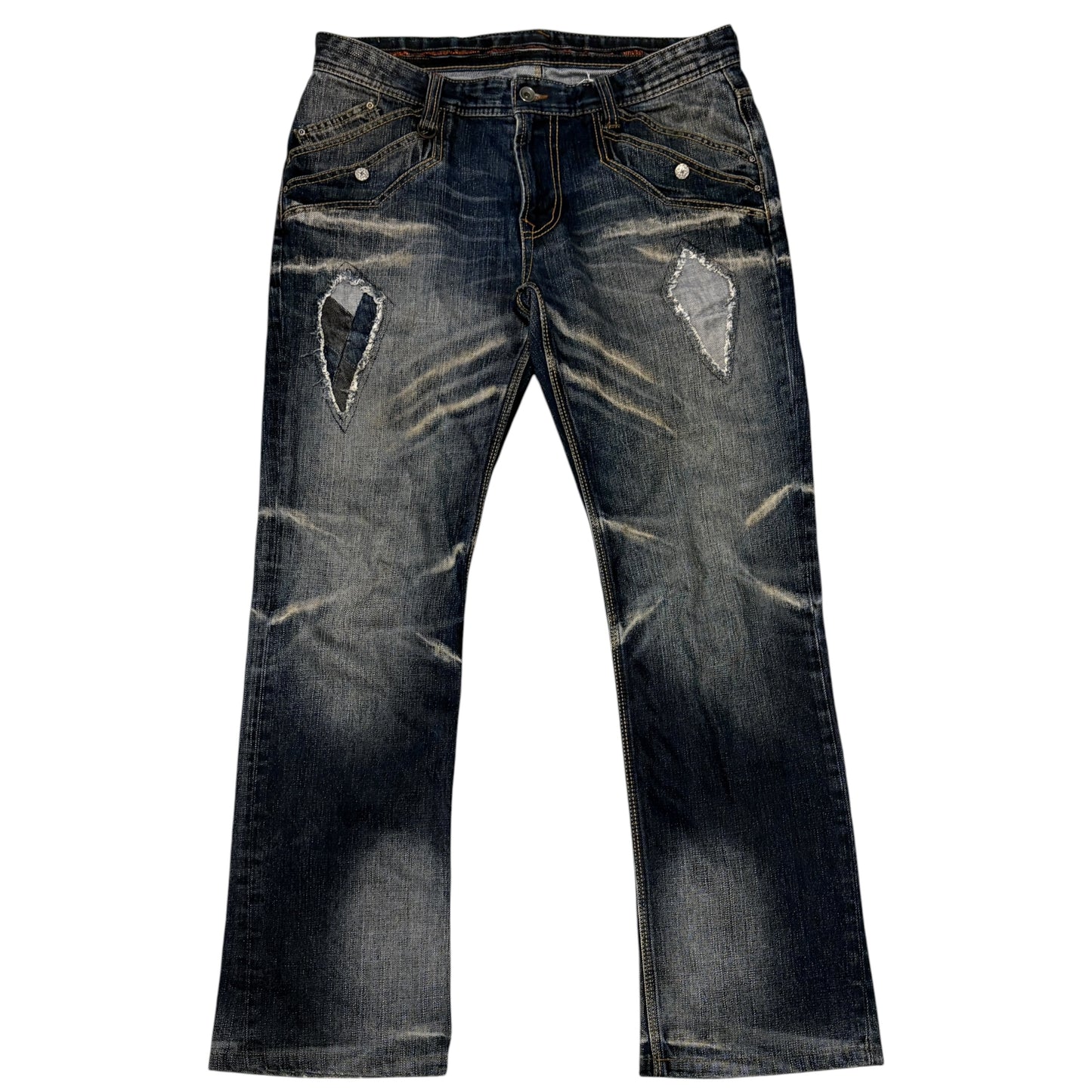 Nicole Club distressed patchwork claw mark bootcut denim jeans
