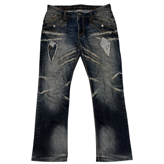 Nicole Club distressed patchwork claw mark bootcut denim jeans