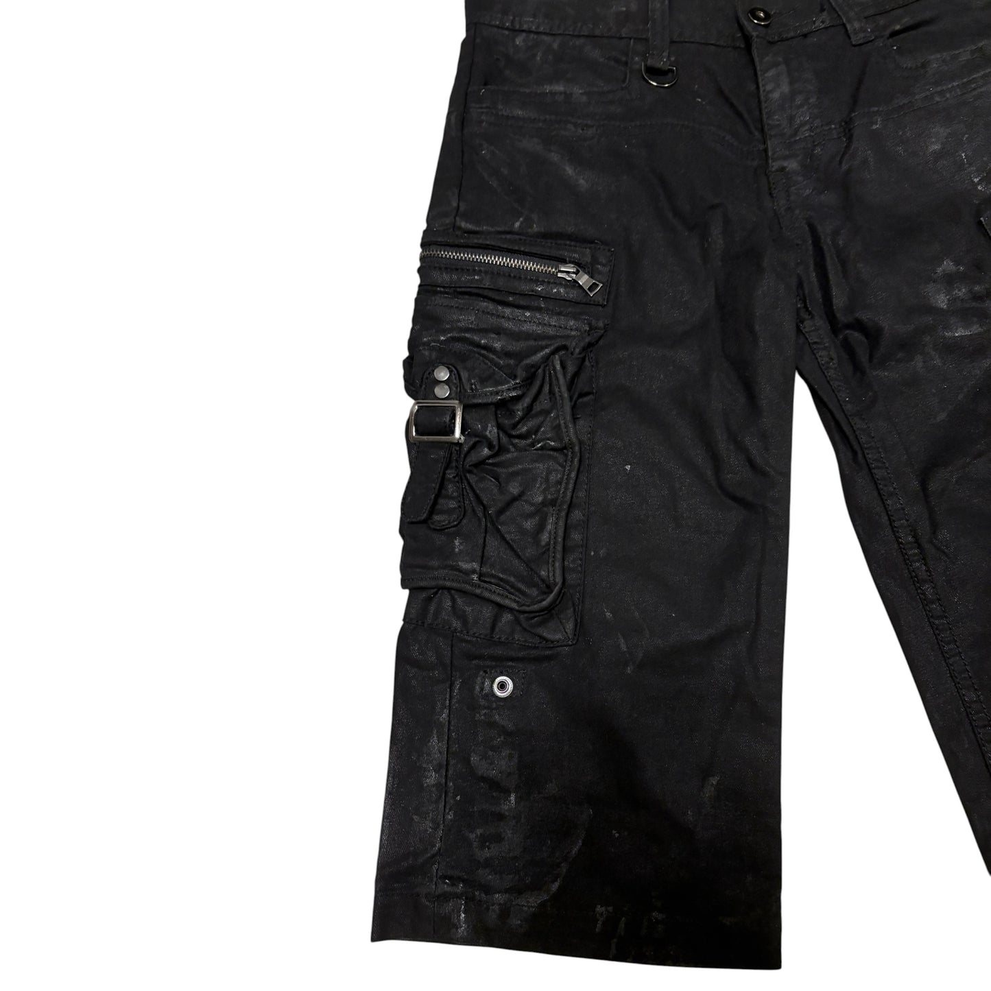 Jackrose waxed cargo light denim shorts w utility zips & buckles