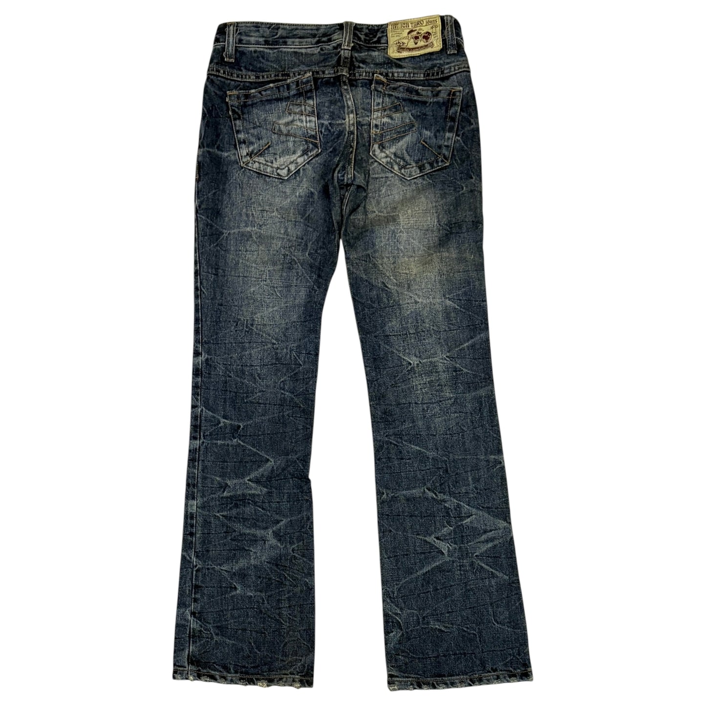 Japanese brand blue whiskered streaked bootcut denim jeans