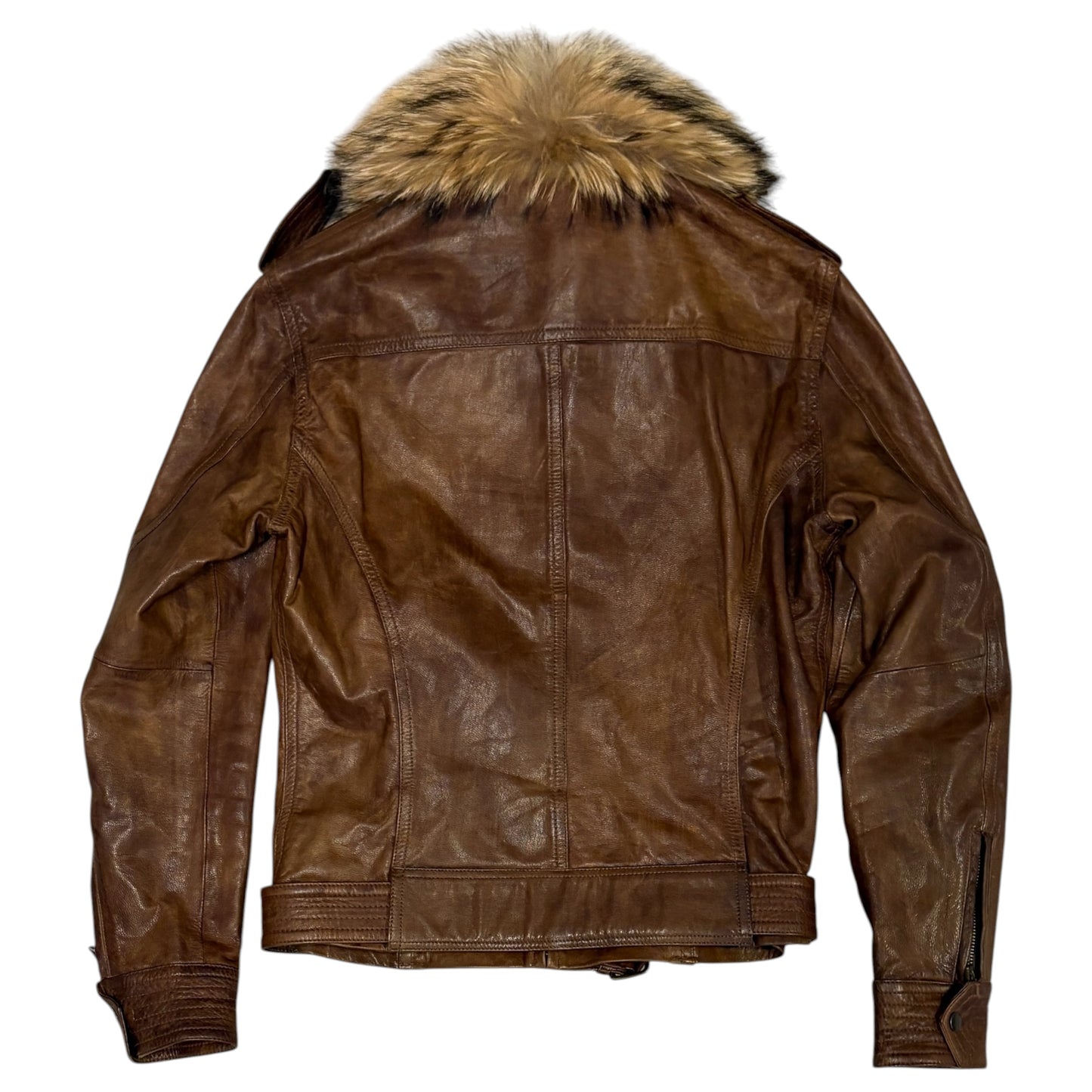 Tete Homme brown goat leather jacket w zips & removable belt & raccoon fur collar