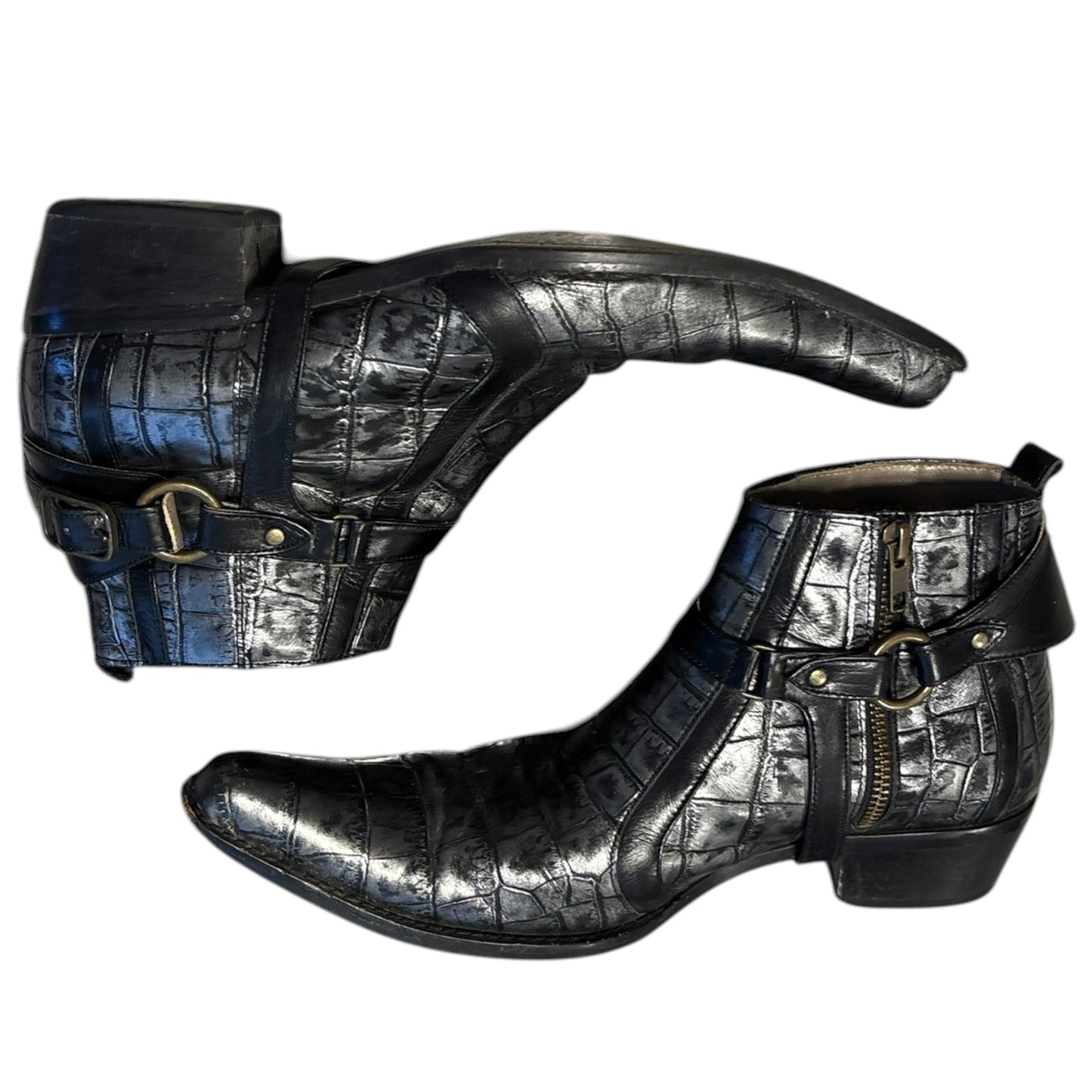 Tornado Mart crocodile print harness buckle leather dress heeled boots