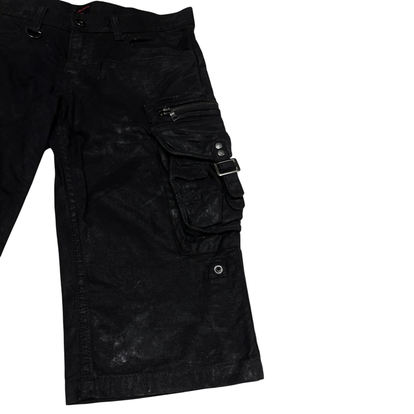 Jackrose waxed cargo light denim shorts w utility zips & buckles