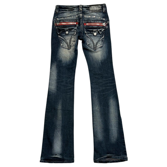 Japanese brand blue fade wash bootcut denim jeans