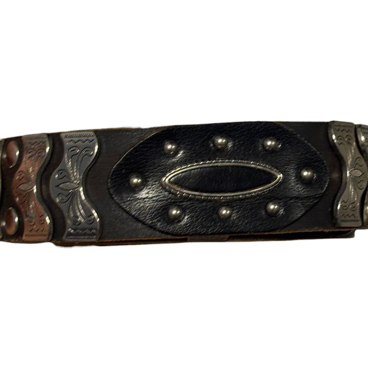 Japanese brand Diavlo studded western cowboy style leather belt w/ metal engravings