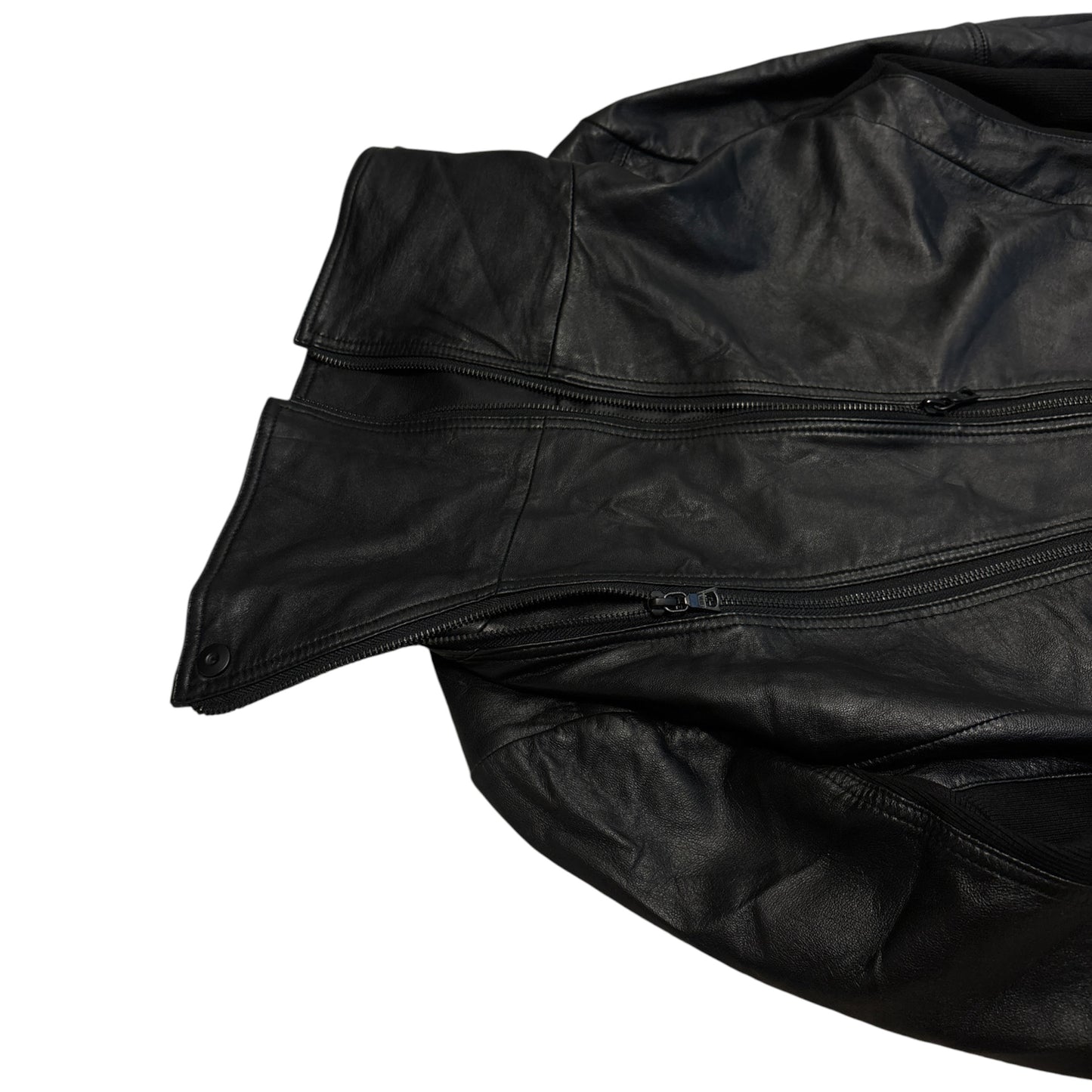 No ID 11AW asymmetric lambskin leather jacket w cotton ribbing & high neck, RRP £500