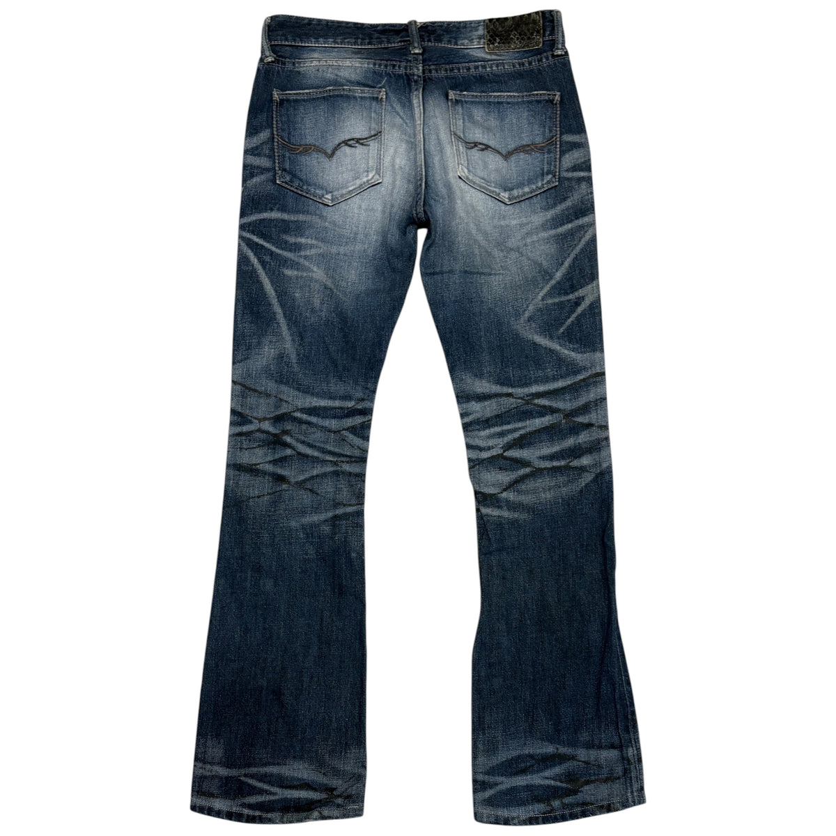 Fuga blue fade wash bootcut denim jeans w/ black claw mark streaking