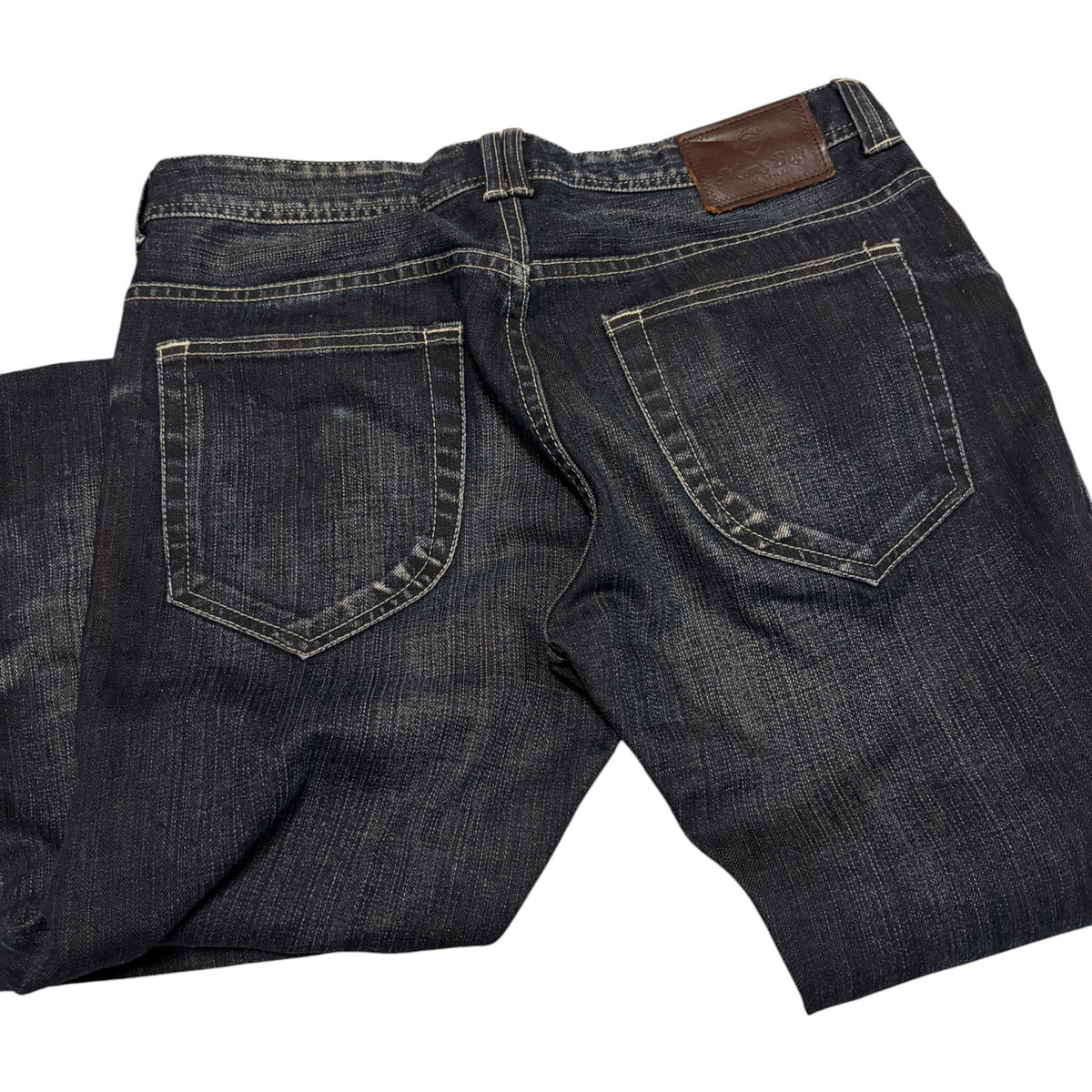 Japanese brand navy whiskered straight leg streaked denim jeans