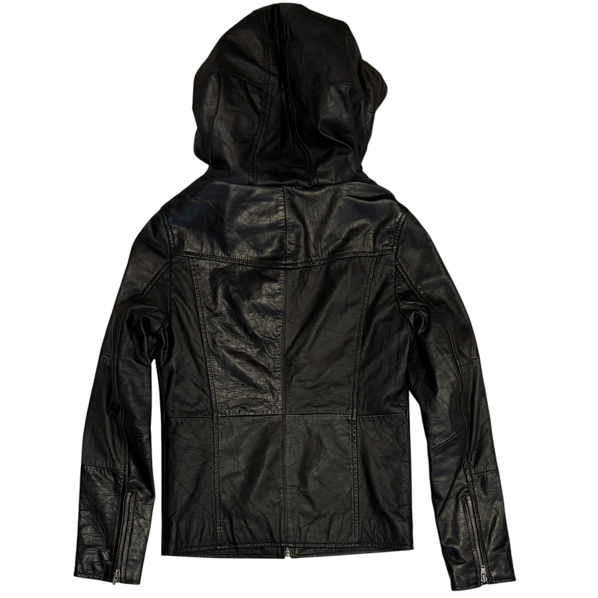 Roshell black hooded lambskin leather panelled zip jacket