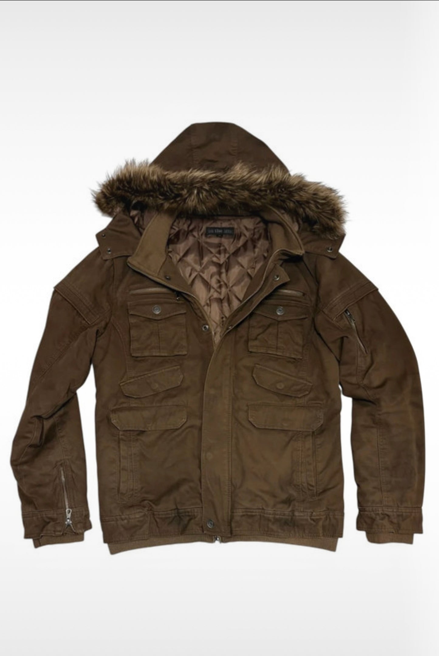 In The Attic brown fur hood brown tactical utility jacket