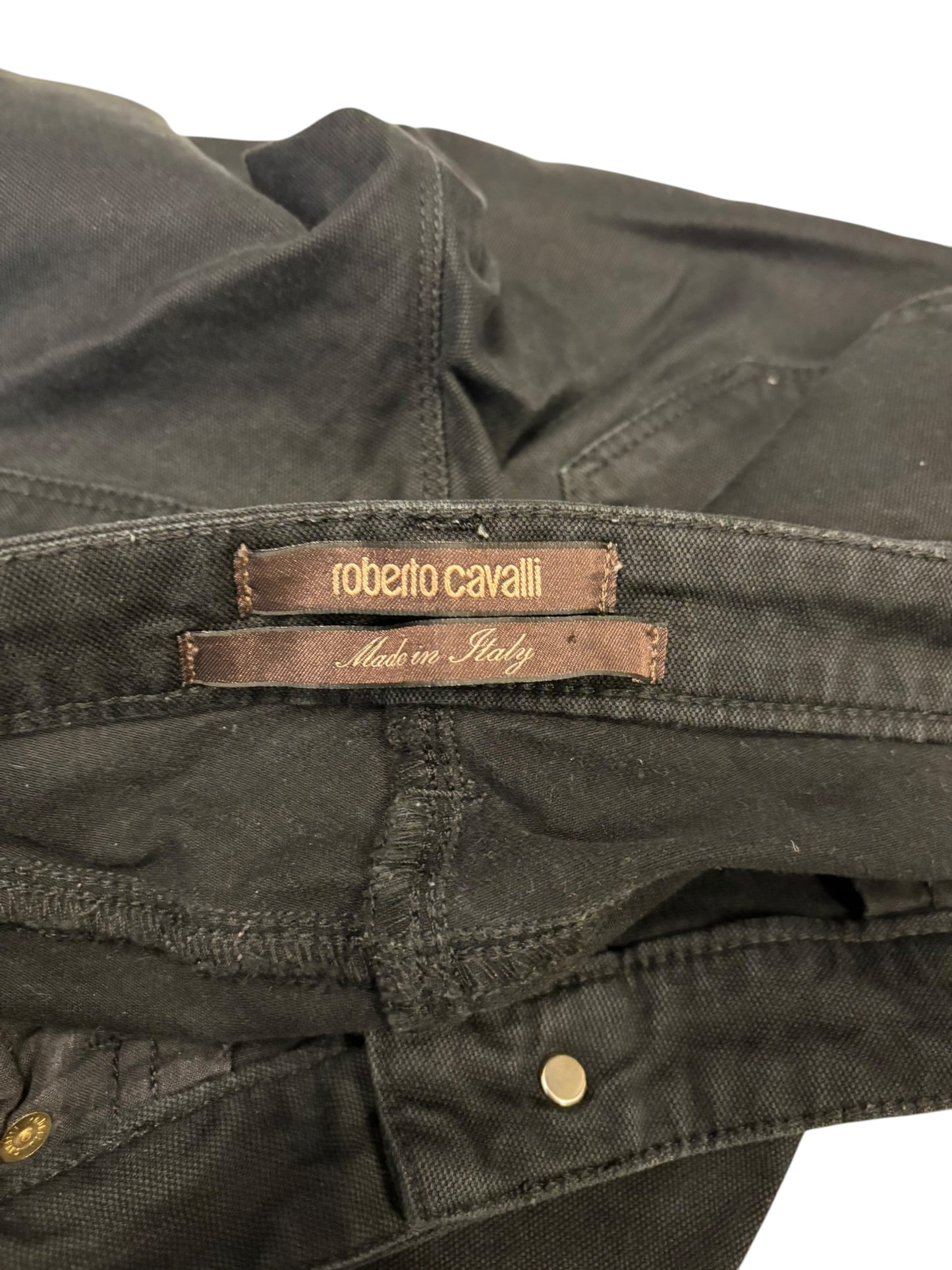 Roberto Cavalli black bootcut jeans with gold hardware