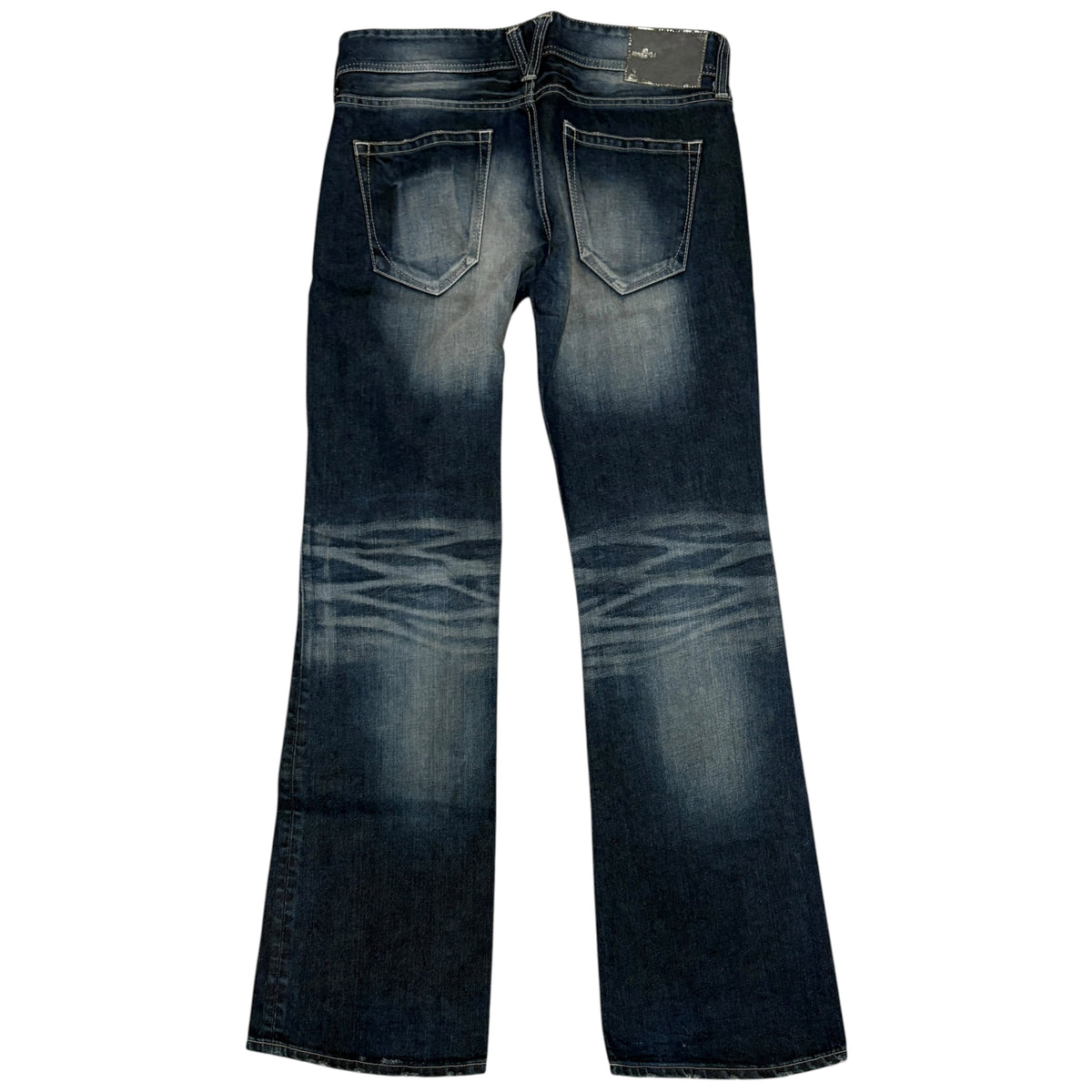 Japanese brand blue whiskered gradient wash bootcut denim jeans