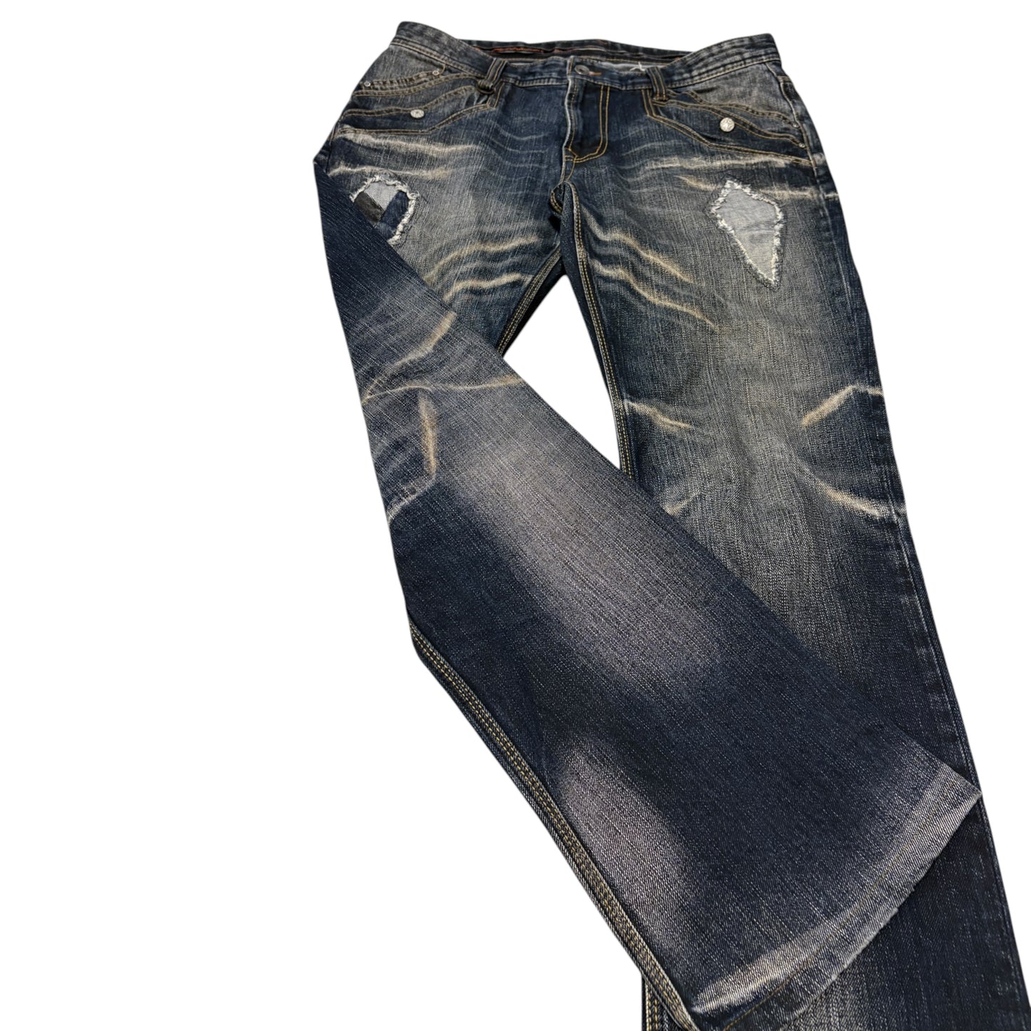 Nicole Club distressed patchwork claw mark bootcut denim jeans
