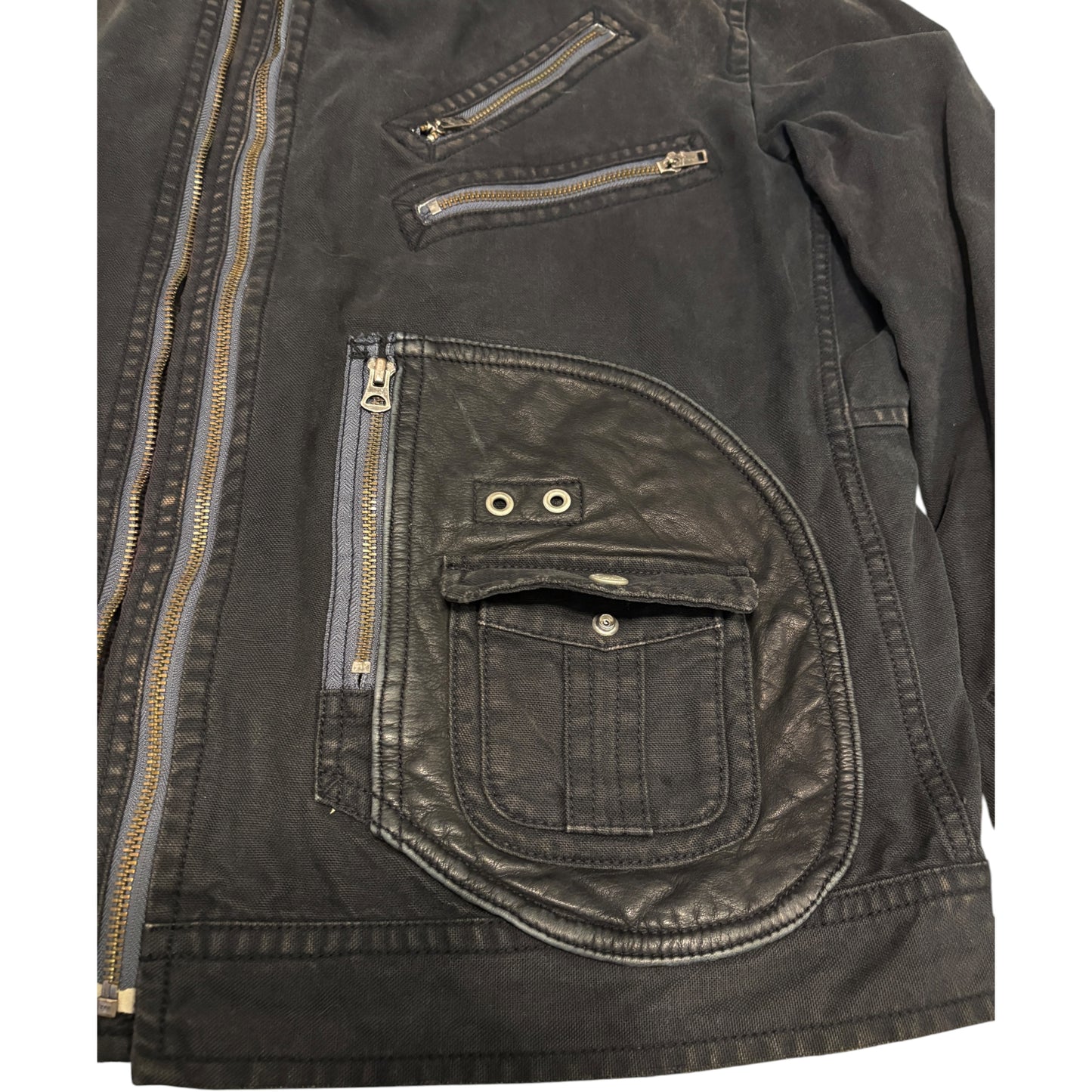 Avirex asymmetric multizip leather pocket denim jacket
