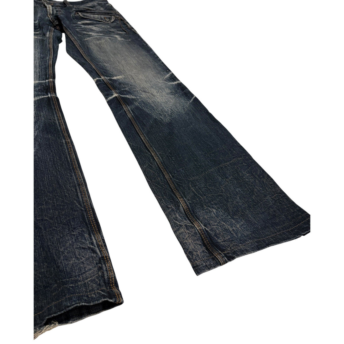 Nicole Club blue streaked whiskered bootcut denim neans