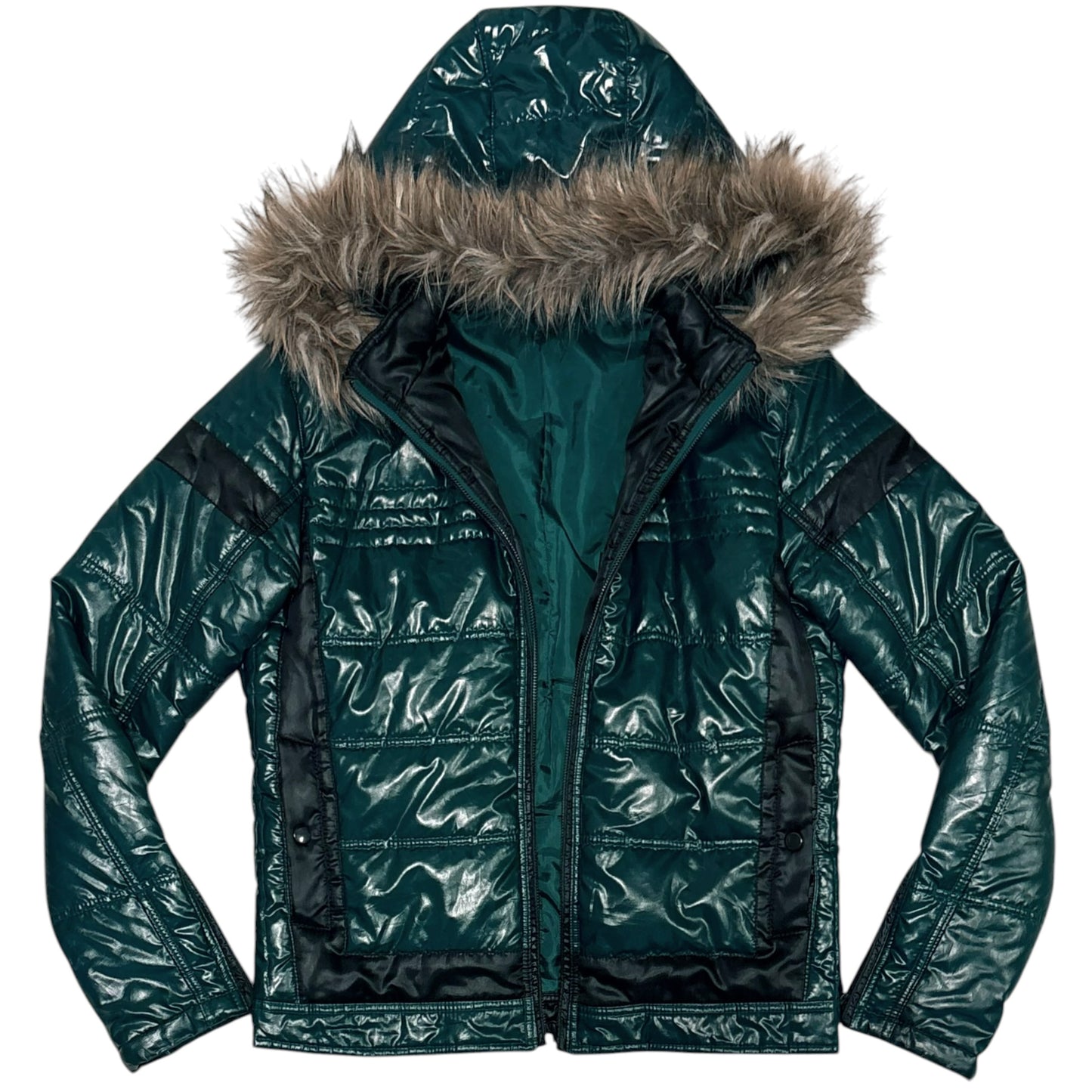 Semantic Design green turquoise lightweight puffer jacket with faux fur hood/trim