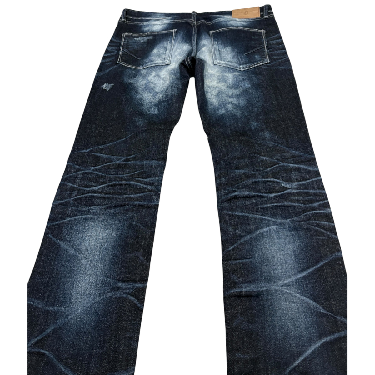Fuga distressed blue gradient fade wash whiskered denim jeans