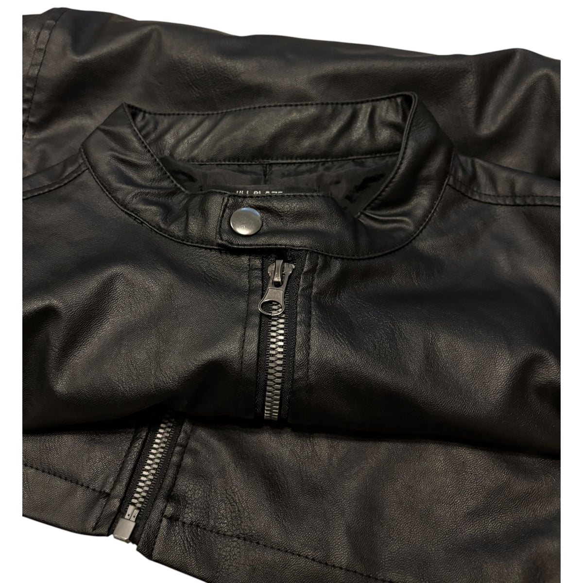 Japanese brand black collarlesss faux leather single riders jacket