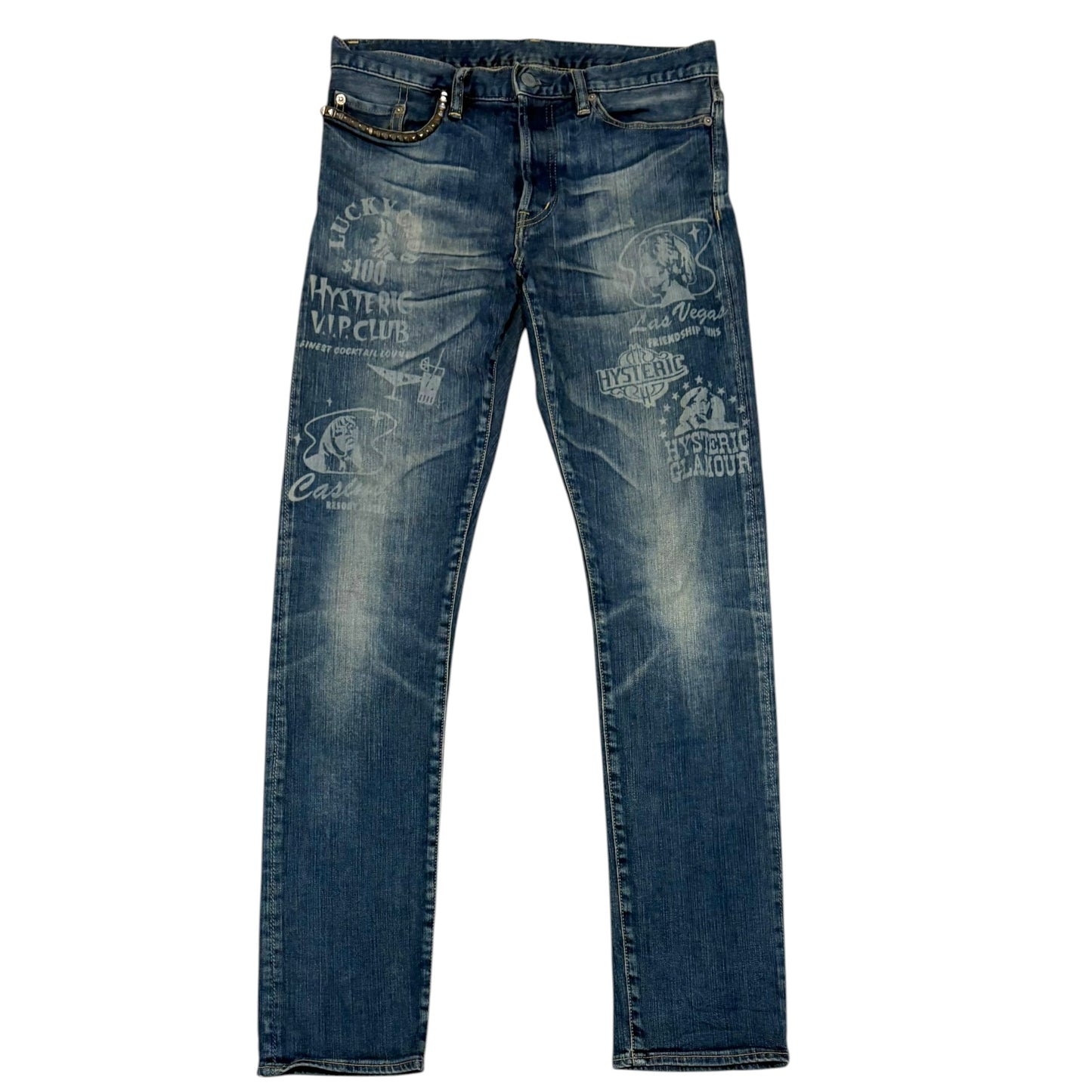 Hysteric Glamour 'V.I.P Club' fade wash studded pocket denim jeans