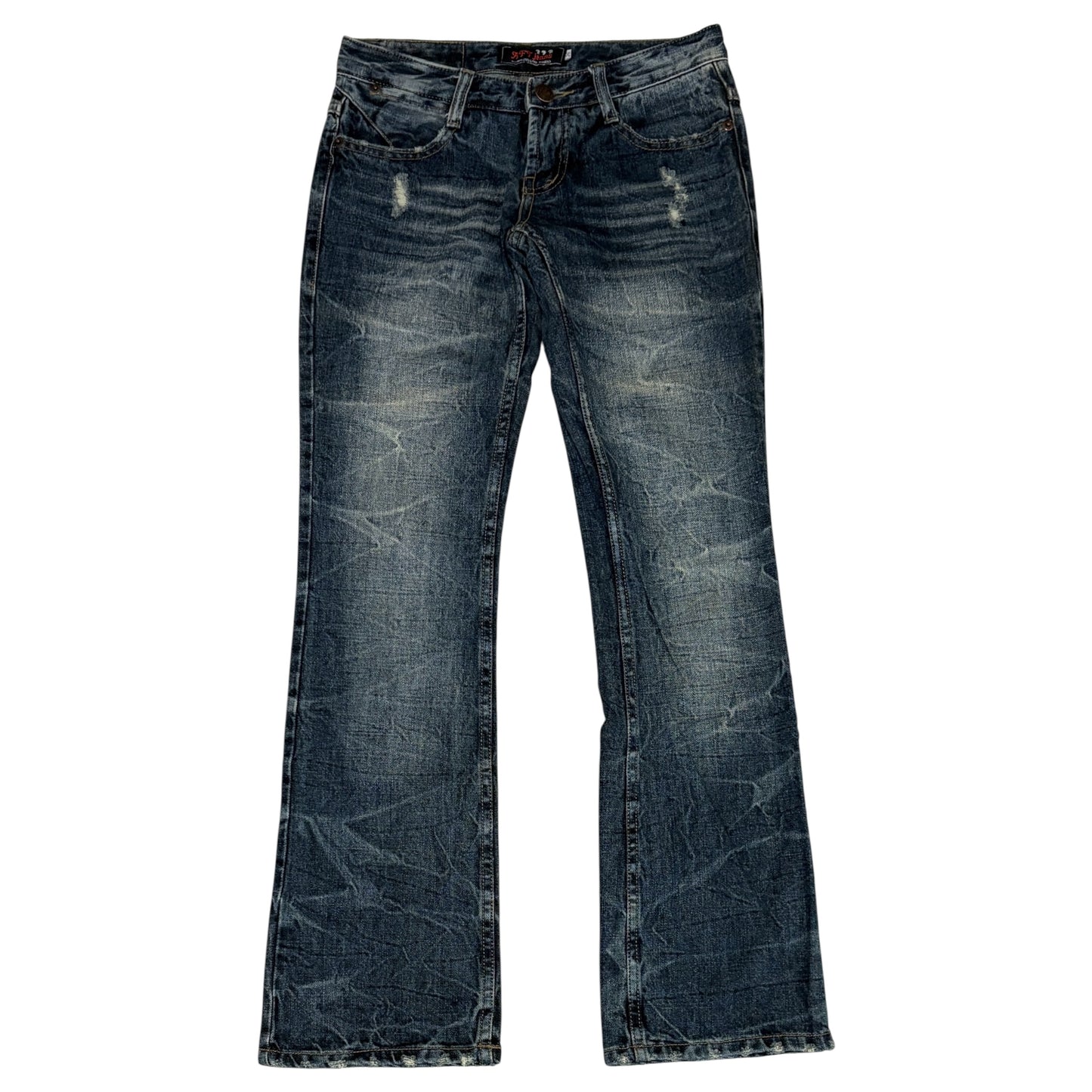Japanese brand blue whiskered streaked bootcut denim jeans