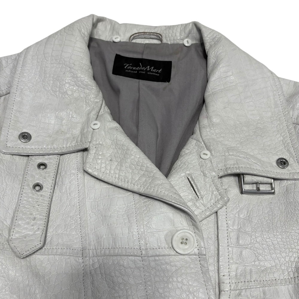 Tornado Mart embossed alligator print white lambskin leather trench coat