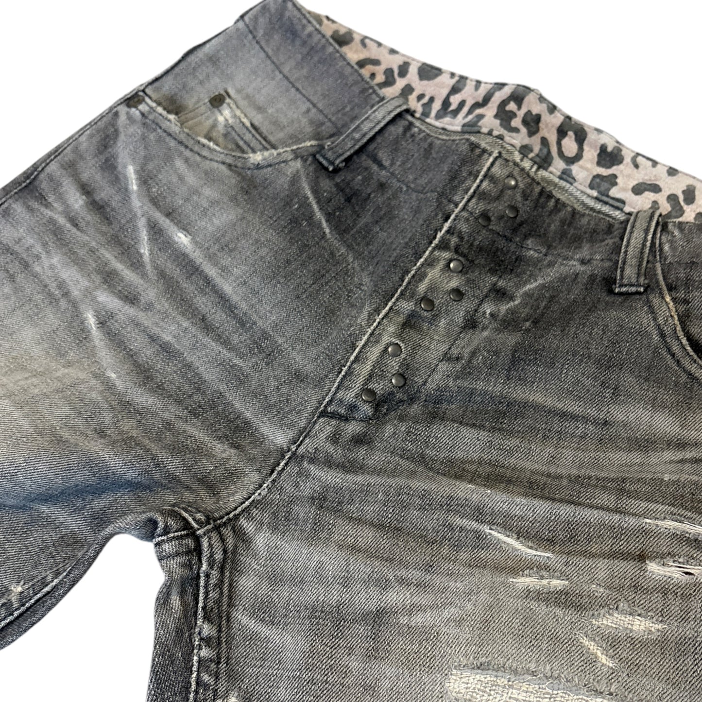 Isamu Katayama Backlash grey whiskered leopard print bootcut denim jeans
