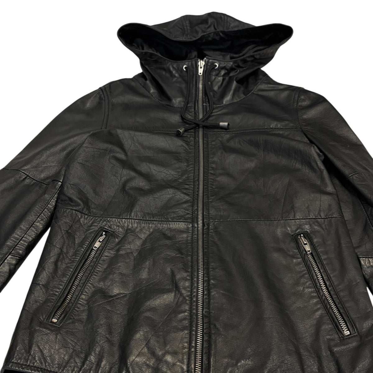 Roshell black hooded lambskin leather panelled zip jacket