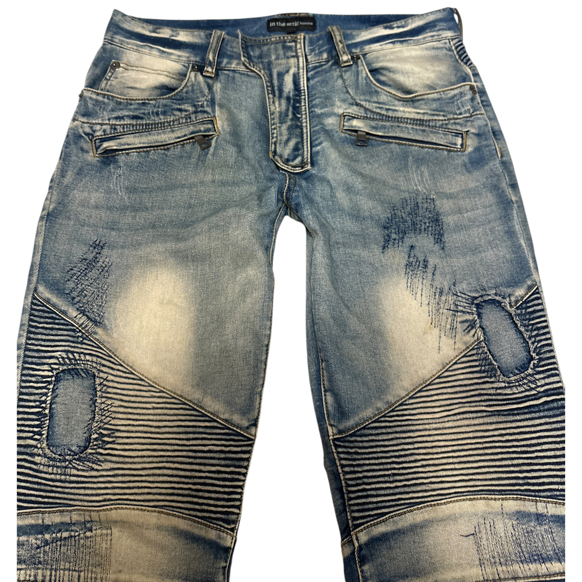 In The Attic lightweight blue distressed biker denim jeans