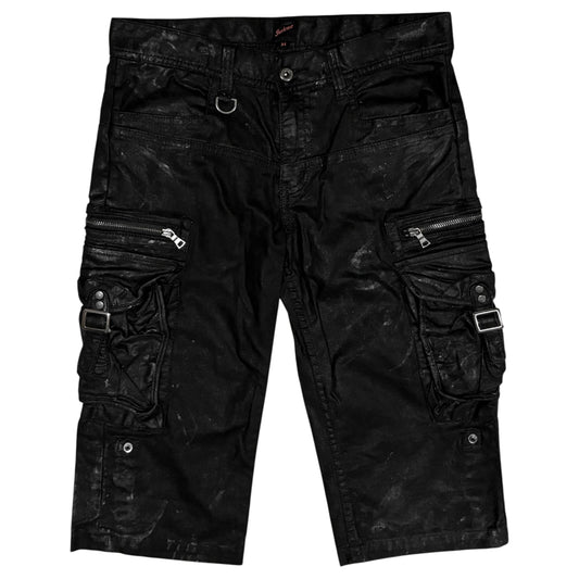 Jackrose waxed cargo light denim shorts w utility zips & buckles