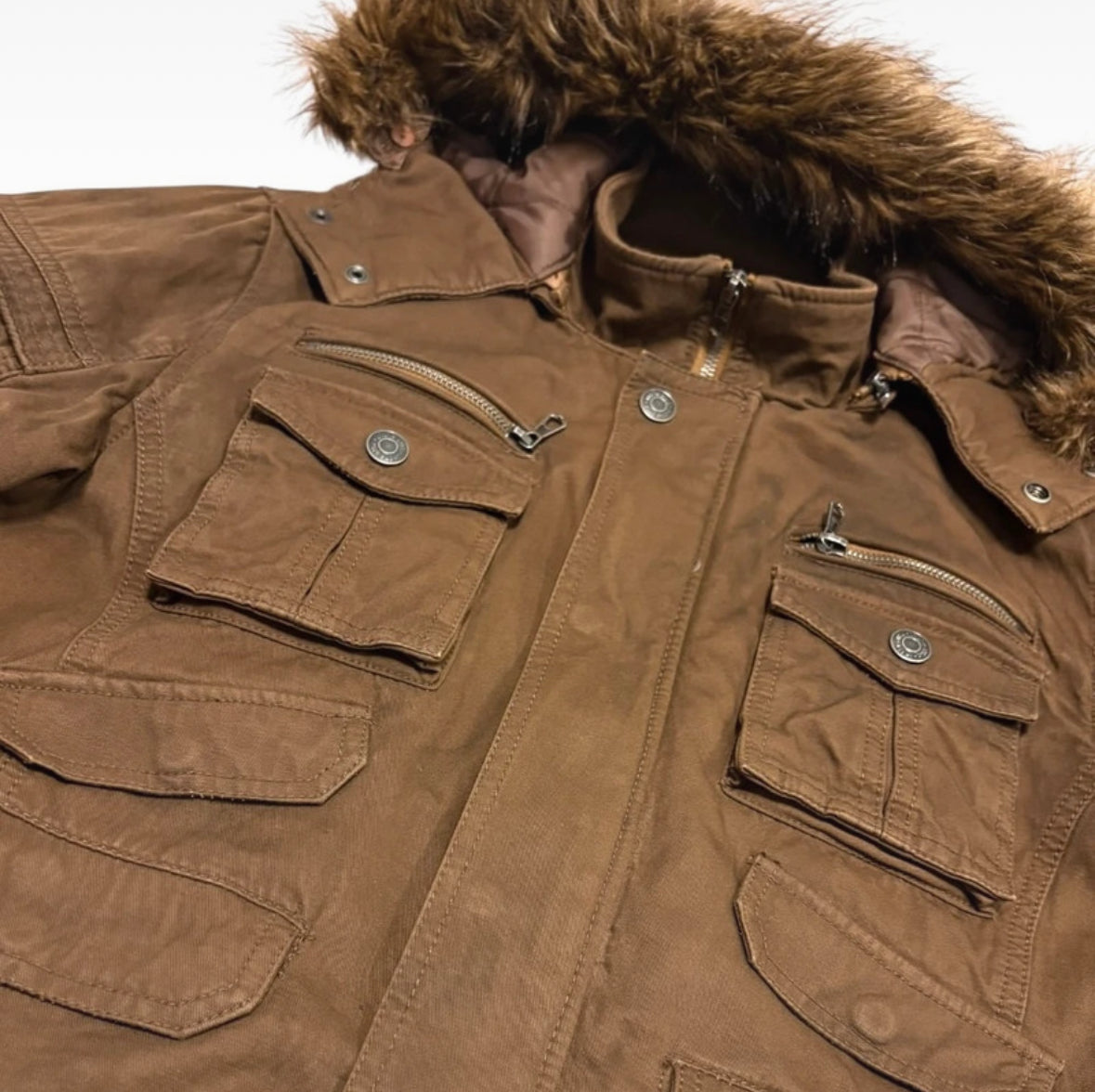 In The Attic brown fur hood brown tactical utility jacket