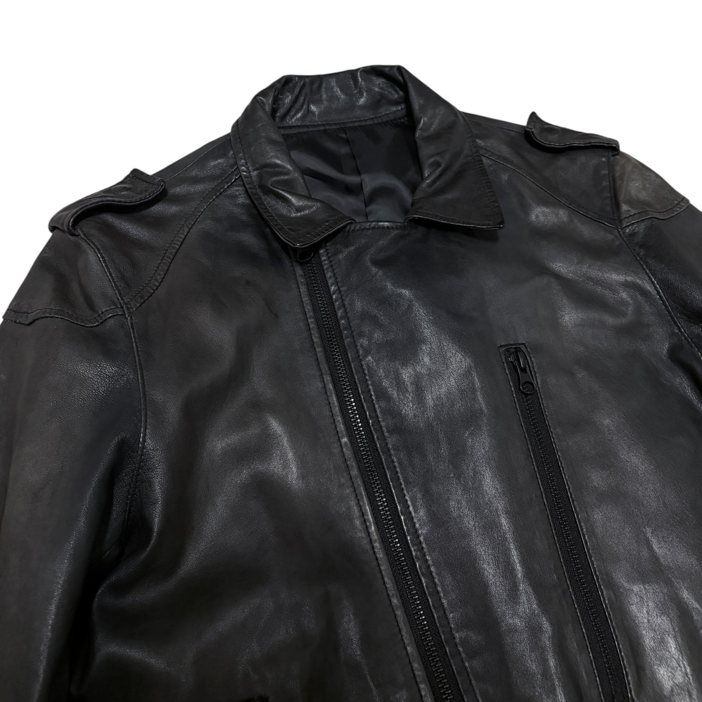PPFM asymmetric lightweight aged lambskin leather jacket w multizip detailing