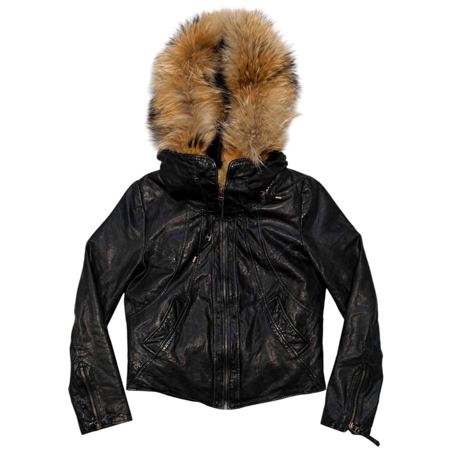 Goa black lambskin leather flight jacket w/ raccoon fur hood