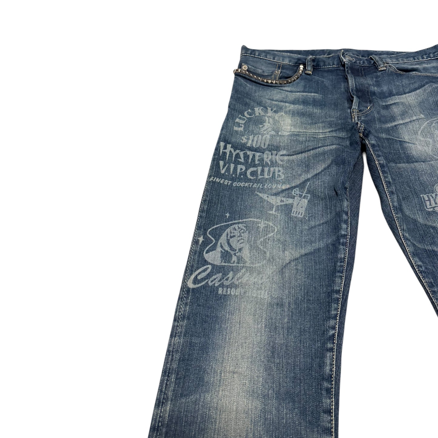 Hysteric Glamour 'V.I.P Club' fade wash studded pocket denim jeans