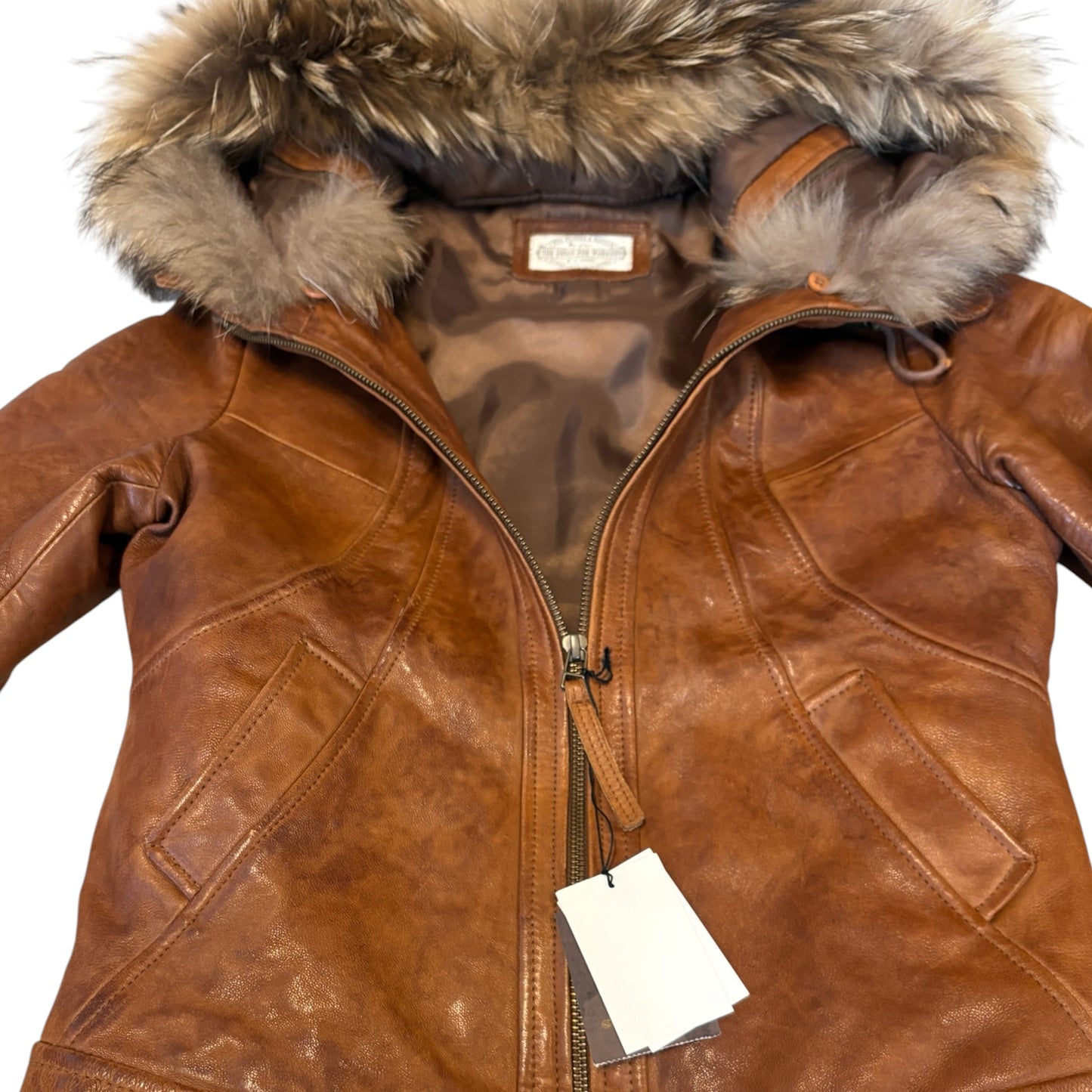 Goa tan lambskin leather flight jacket w raccoon fur hood