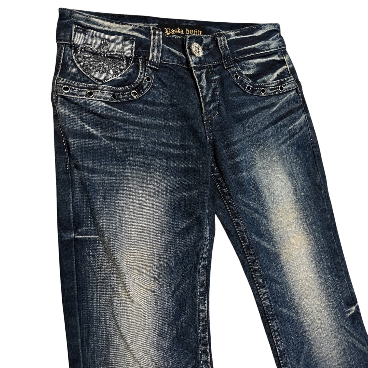 Japanese brand blue fade wash bootcut denim jeans