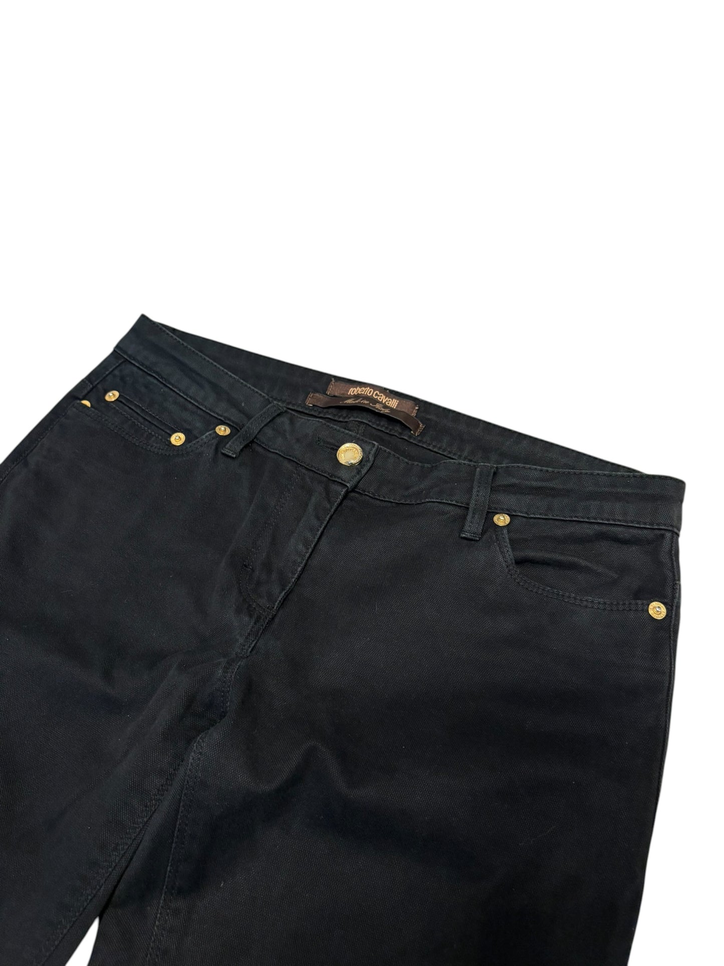 Roberto Cavalli black bootcut jeans with gold hardware