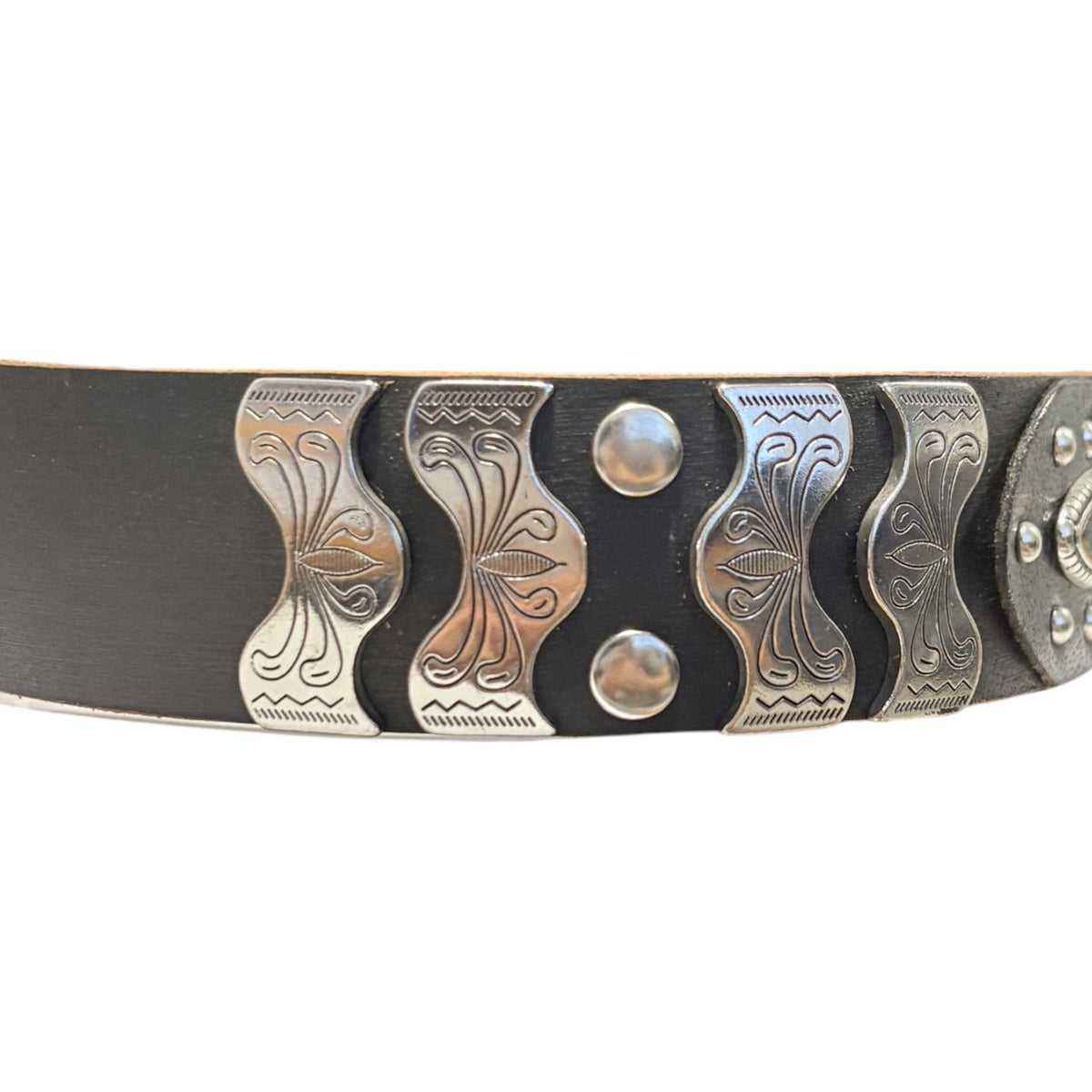 Japanese brand Diavlo studded western cowboy style leather belt w/ metal engravings