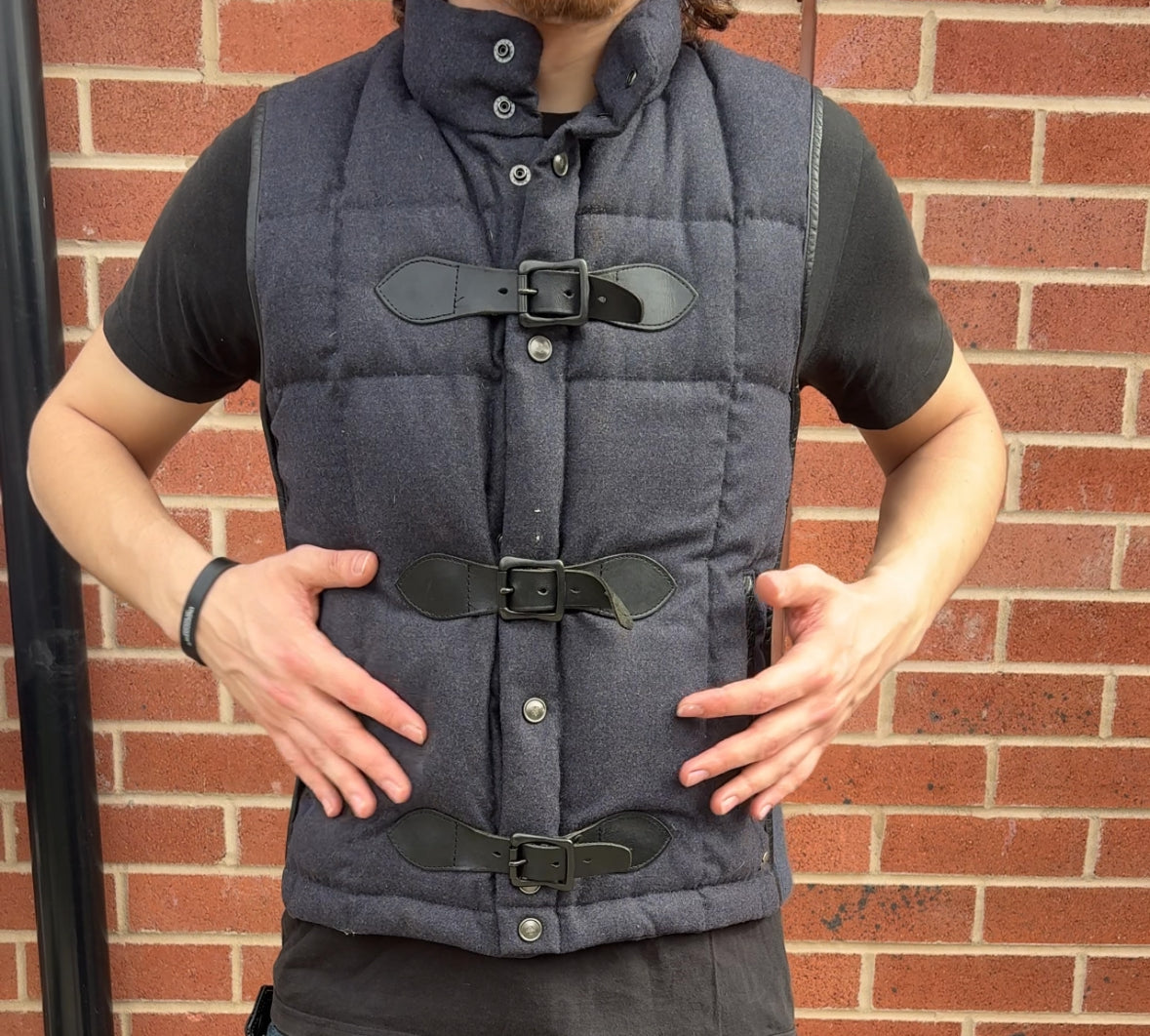 Mihara Yasuhiro navy wool gilet duffle latch jacket w cotton sides