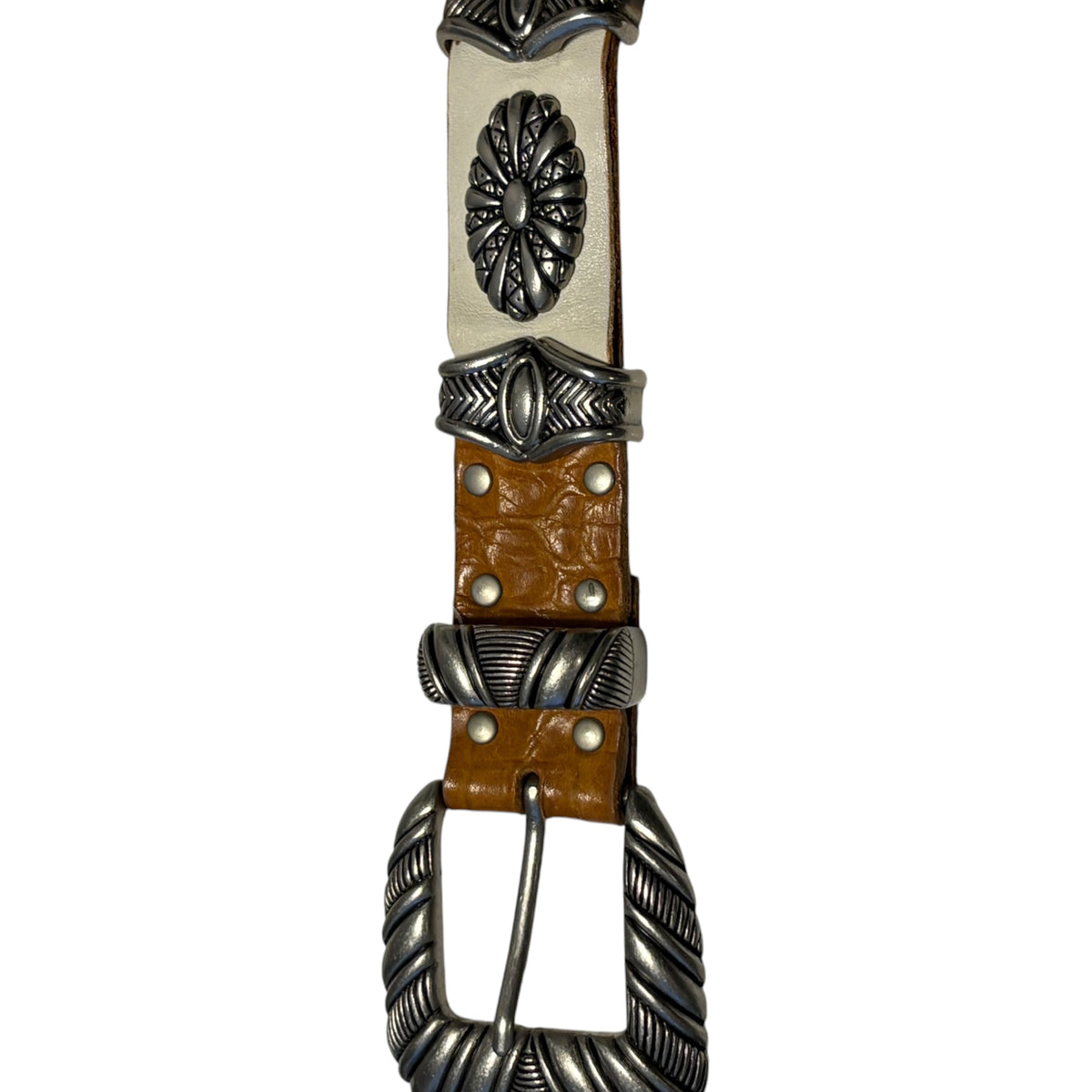 Tornado Mart brown embossed  leather belt w/ metal engraving and white leather detailing