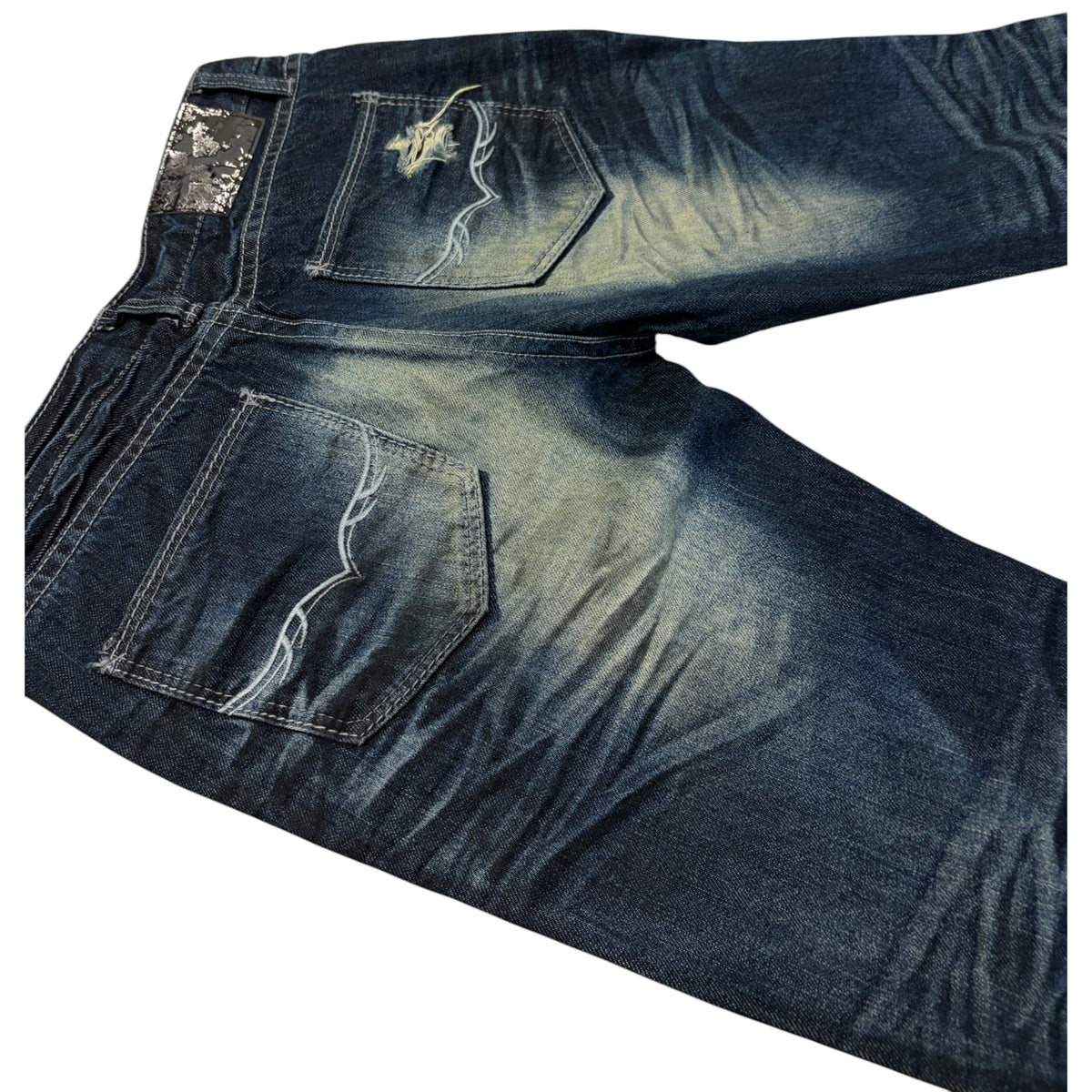 Fuga claw mark navy fade wash whiskered bootcut denim jeans