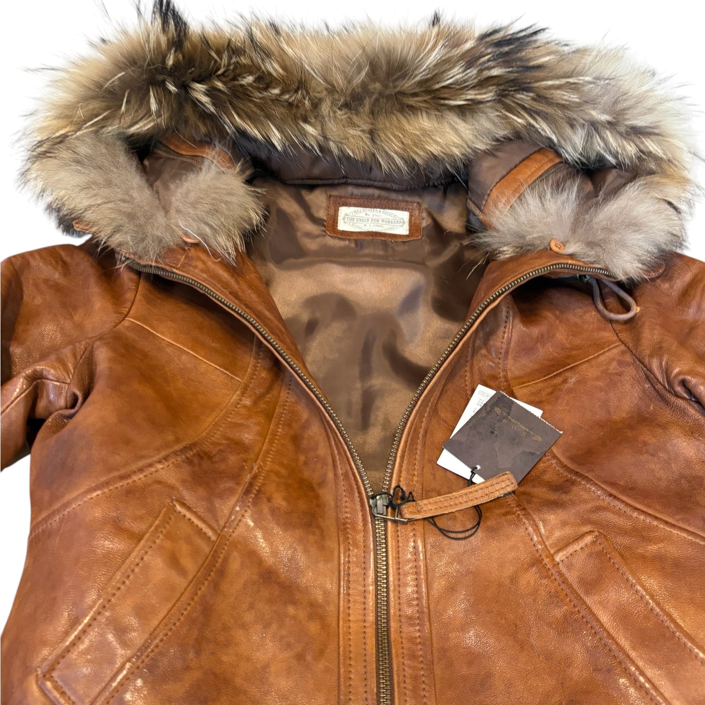 Goa tan lambskin leather flight jacket w raccoon fur hood