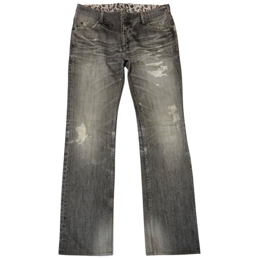 Isamu Katayama Backlash grey whiskered leopard print bootcut denim jeans
