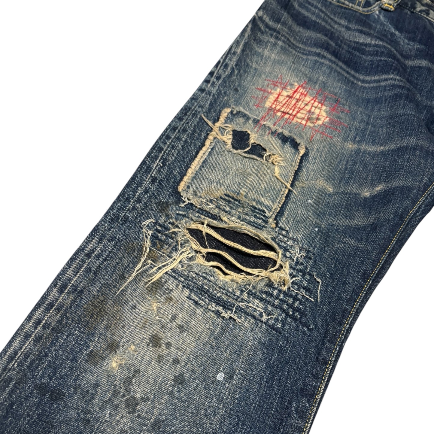 Japanese brand Plag distressed patchwork denim jeans