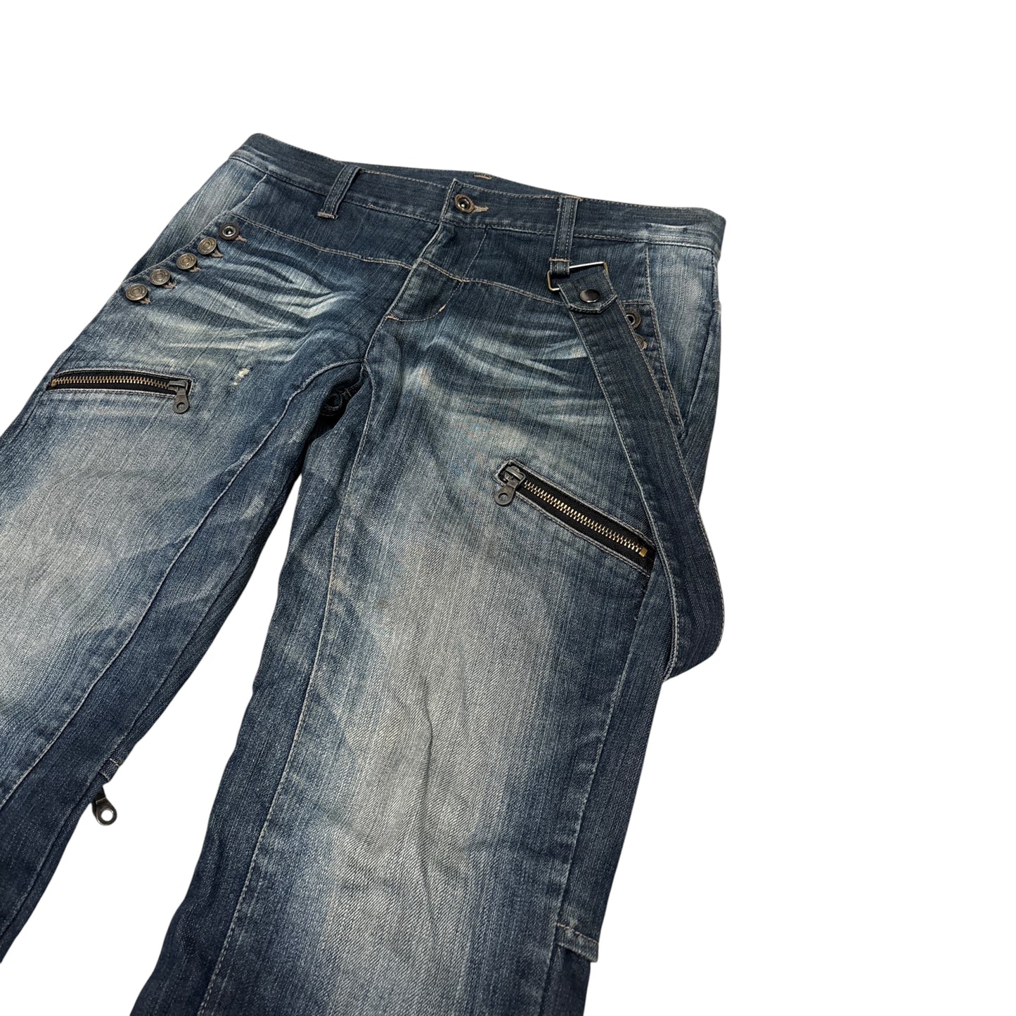 PPFM harness strap multizip embroided whiskered denim jeans