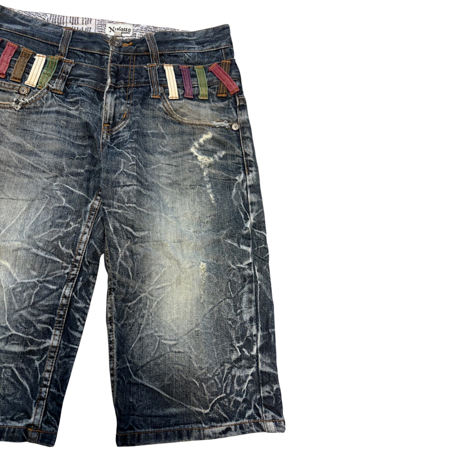 Japanese brand double waisted distressed whiskered denim jorts w/ multicolour belt loops