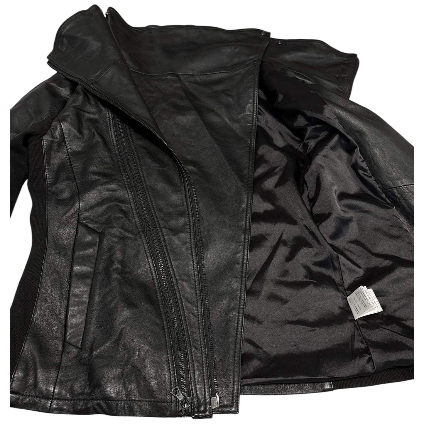 No ID 11AW asymmetric lambskin leather jacket w cotton ribbing & high neck, RRP £500