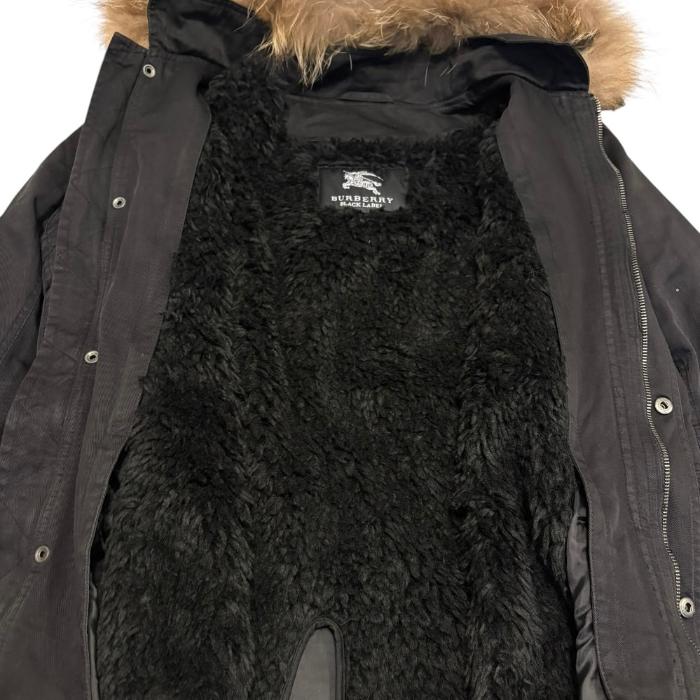 Burberry Black Label black fur hood trim mod coat parka jacket w boa fur lining