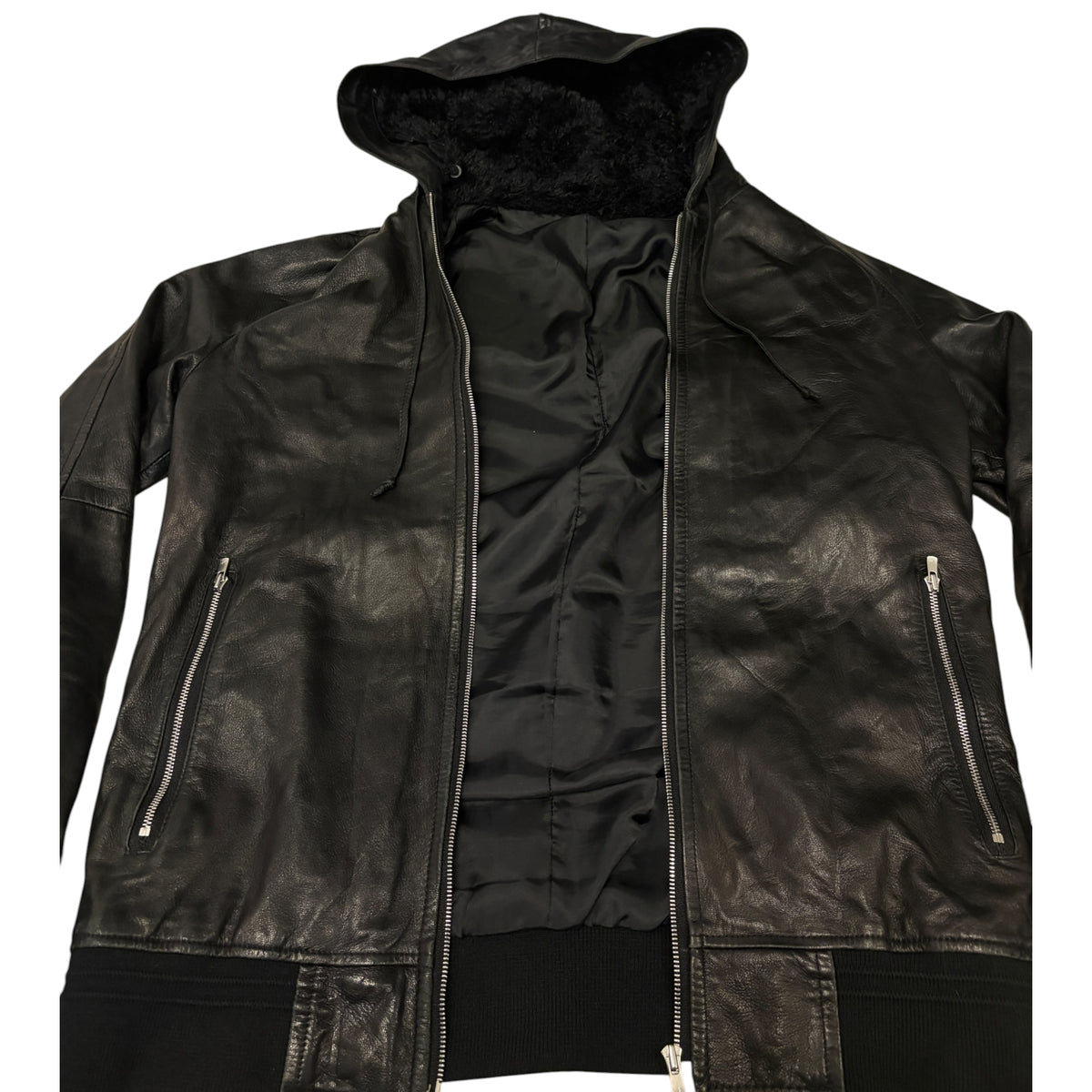 Abahouse black lambskin leather jacket w/ raccoon fur boa lined hood
