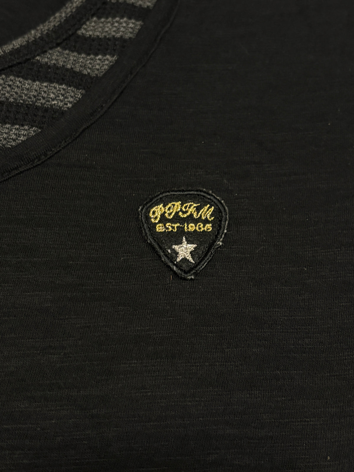 PPFM black layered striped black T-shirt w/ embroided badge